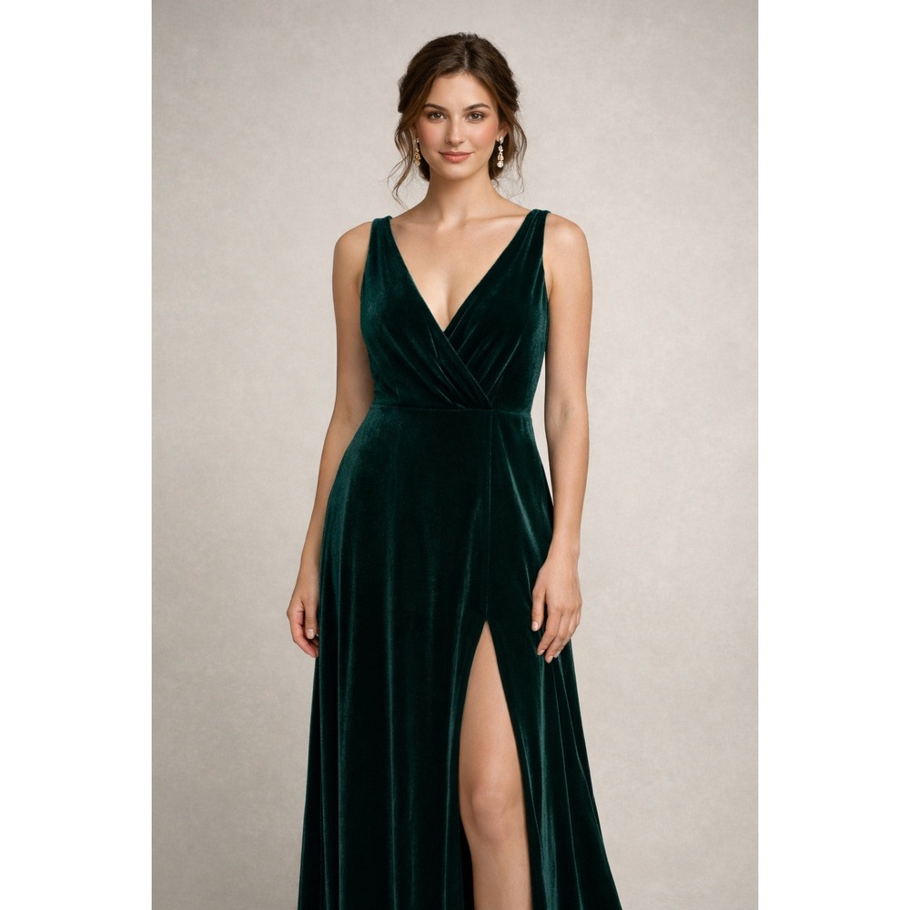 Jenny Yoo Green Velvet V-Neck Sleeveless Formal Maxi Dress‎ Size 16 Bridesmaid